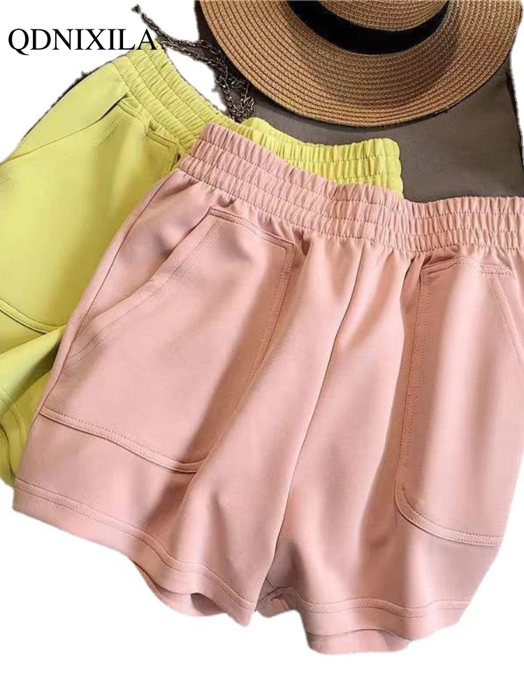 Summer 2023 Korean Fitness Sports Women Shorts High Waist Loose Slim Wide Leg Shorts Solid Cotton Casual Oversize Fashion Shorts