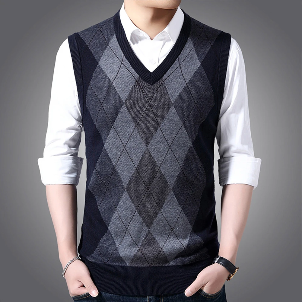 

Men Winter Sweater Vest Knitted Tank Top V Neckline Sleeveless Pullover Casual Diamond Check Top Wool Warm Thickened Sweater