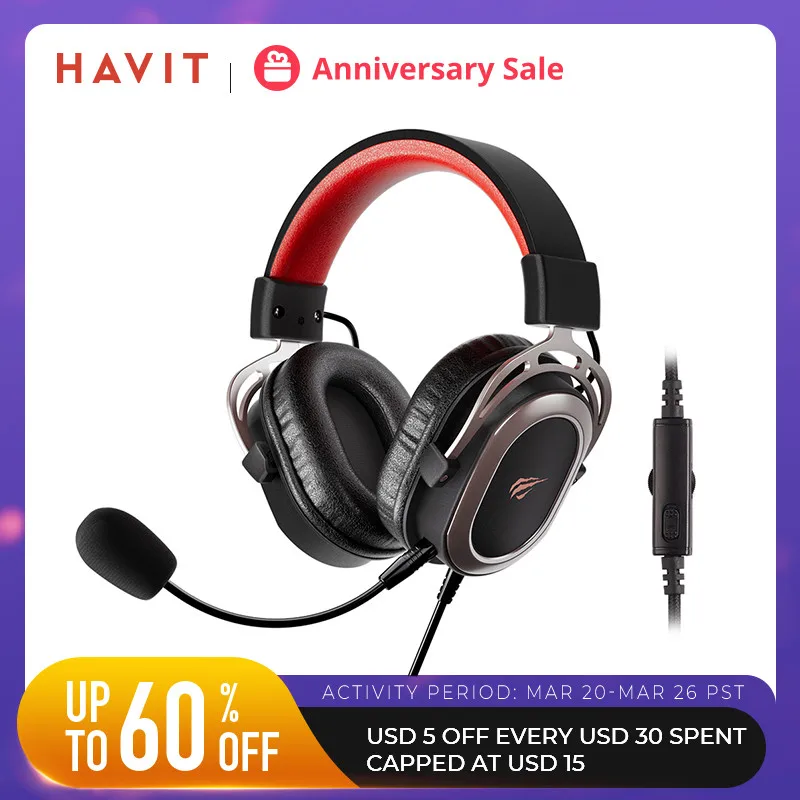 HAVIT H2008d Wired Gaming Headset with 3.5mm Plug 50mm Drivers Surround Sound HD Mic for PS4 PS5 XBox PC Laptop Gamer Headphone