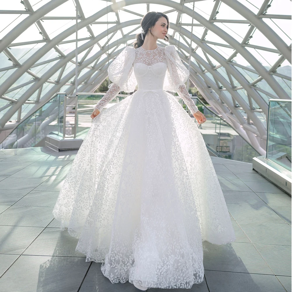 

2022 White Tulle Wedding Dresses O-Neck Long Sleeve Vestido De Novia Elegant Lace Appliques A-Line Bridal Gown Sweep Strain