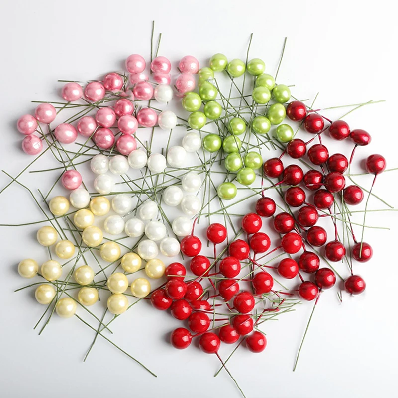 

200Pcs Artificial Flower Mini Fake Plastic Berry Colorful Fruit Stamens Cherry Pearl Wedding DIY Gift Box Wreaths Party Supplies