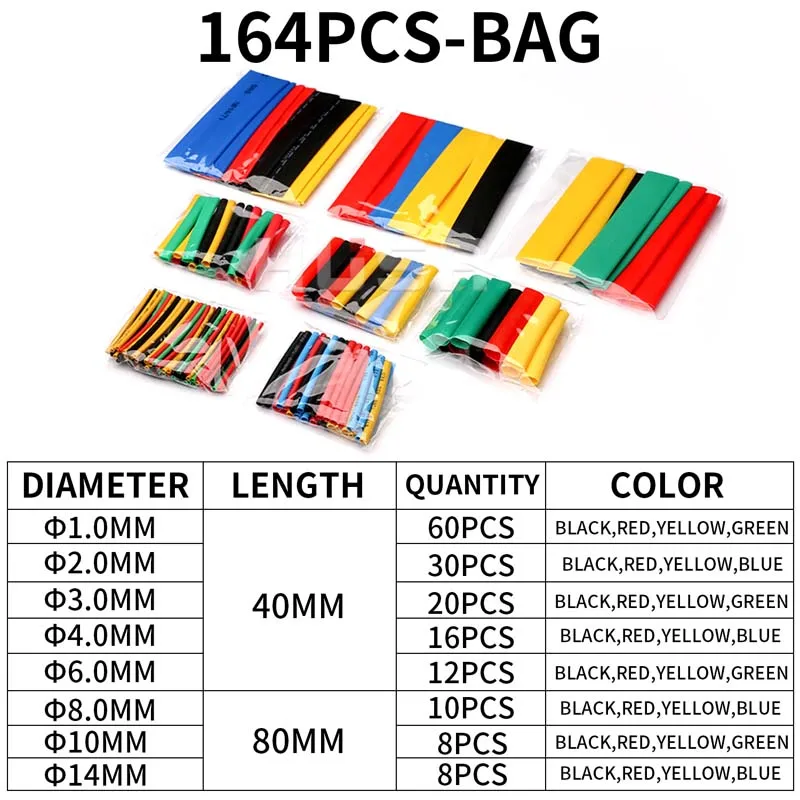 

164 шт., соотношение 1:2, термоусадочная трубка, комплект термоусадочной упаковки, электрическое соединение, провод, ремонт кабеля, изоляция