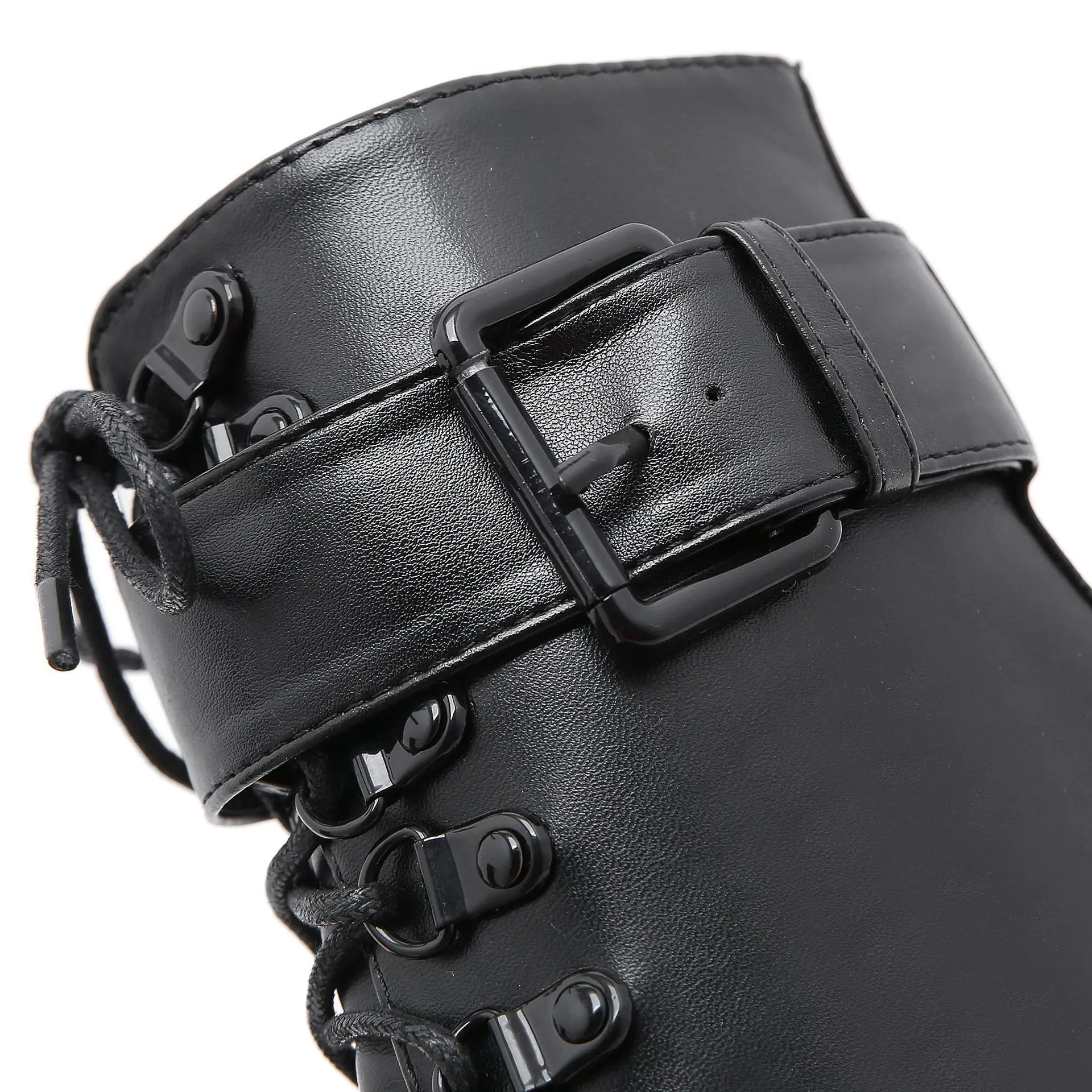 New platform heels winter Fashion Motorcycle Boots Women Leather Spring Autumn Metal Buckle High Heels Shoes Black Ankle Boots