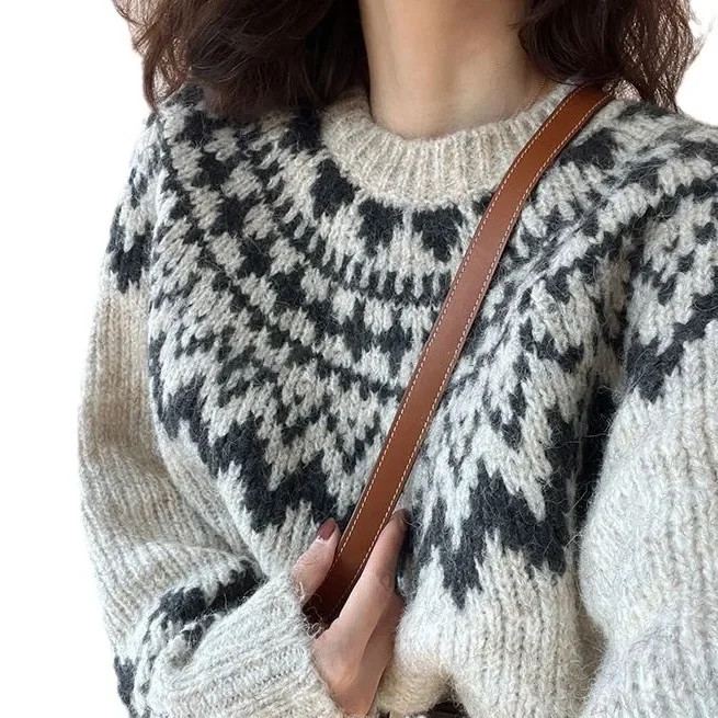 2024 Новинка! Женский короткий свитер в стиле ретро Fair Isle с мягким геометрическим