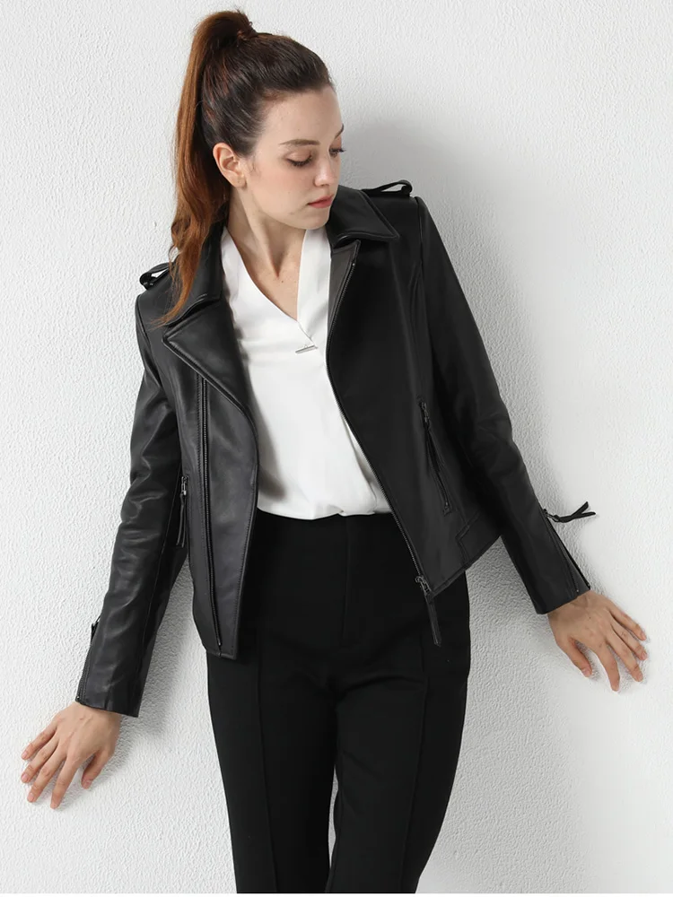 New Women Genuine Leather Jacket Spring Autumn Fashion Turn-down Collar Soft Sheepskin Short Moto Coat Slim Outerwear Female