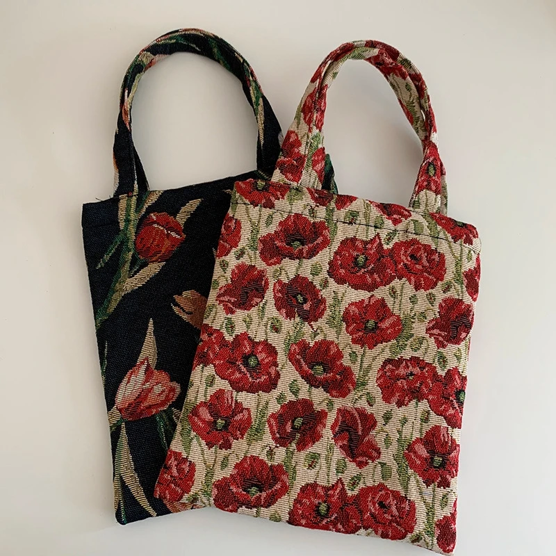 Female Canvas Shoulder Bag Retro flower handbags for women Summer Casual Tote Travel Shopping Bags