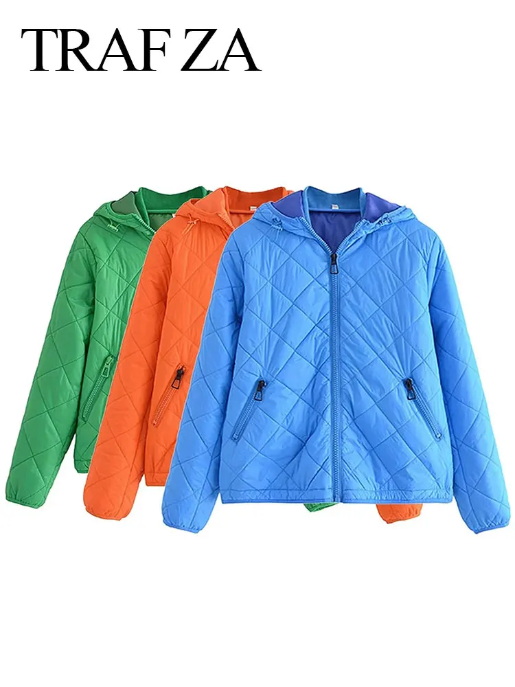TRAF ZA Women's Winter Hooded Coat Quilted Warm Cotton Clothes Long Sleeve Zipper Jacket Casual Fashion Female Chic Outerwear