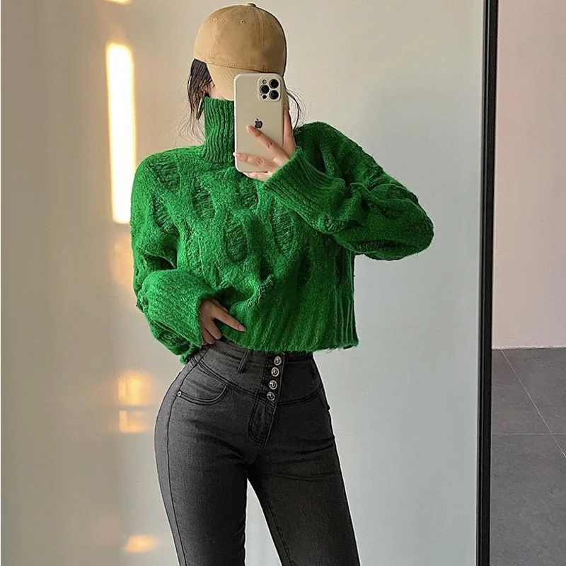

WOMENGAGA Girl High Neck Slim Long Sleeve Green Short Pullover Sweater Women Tops Green Diamond Lattice Korean Tops 8DVC