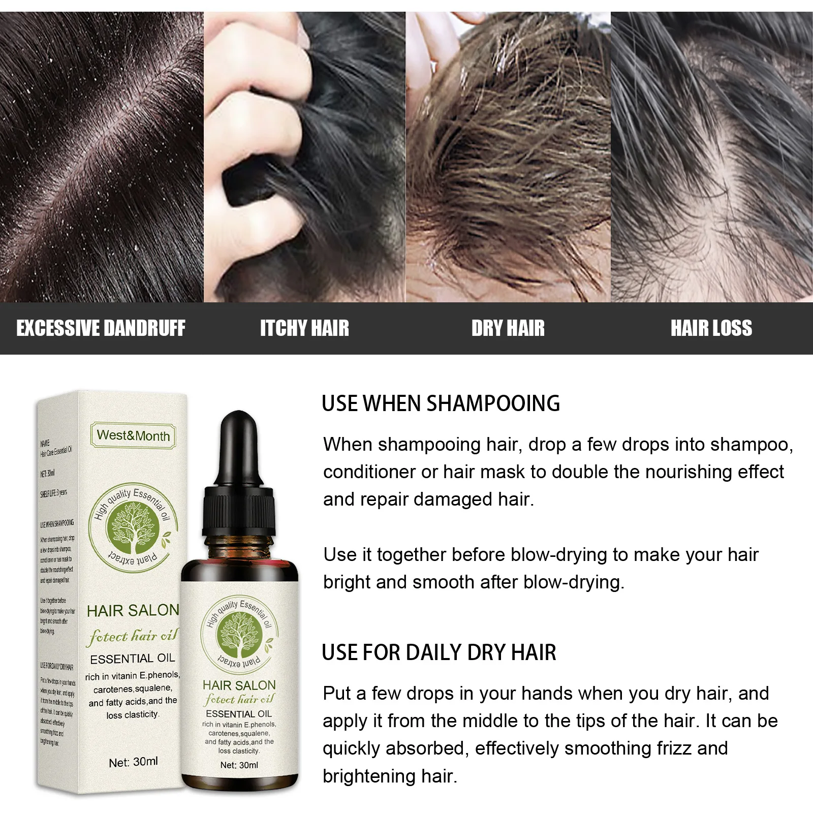 Масло для ухода за волосами West &amp месяц улучшения сухости волос на разрезе против