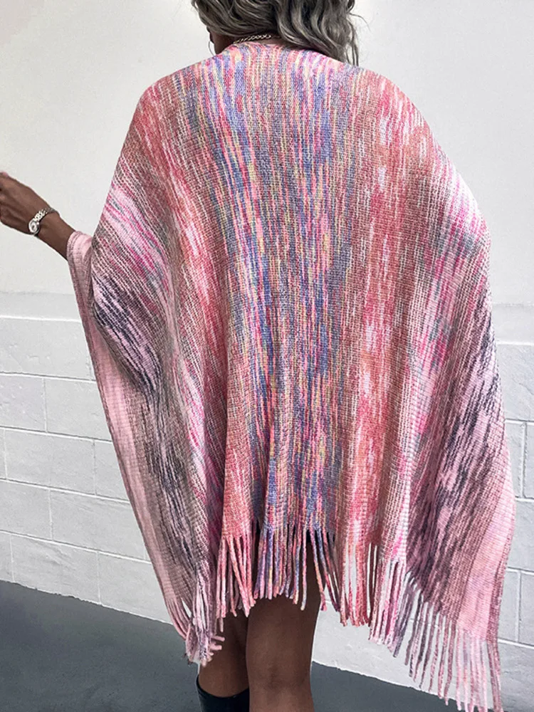 Rainbow Striped Poncho Knitted Tassel Shawl Coat Women Autumn Winter 2022 New Cape Cardigan Fashion Batwing Sleeve images - 6