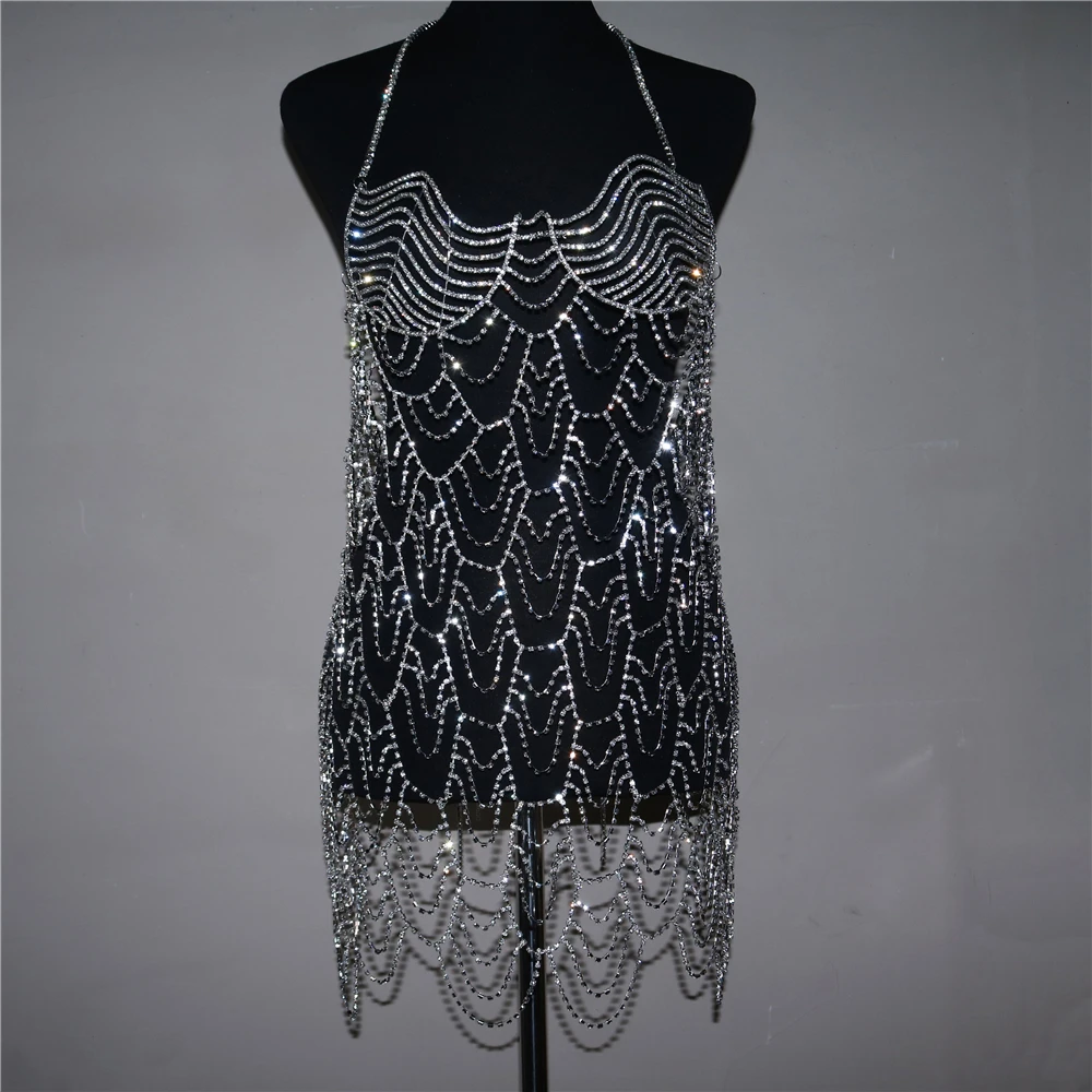 Женское платье с бахромой длинное Привлекательное цепочкой и кристаллами