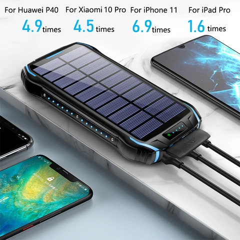 Солнечная батарея 26800 мАч с походным светильником Портативный USB C 3.1A Powerbank с быстрой зарядкой для iPhone 16 Samsung Xiaomi Poverbank
