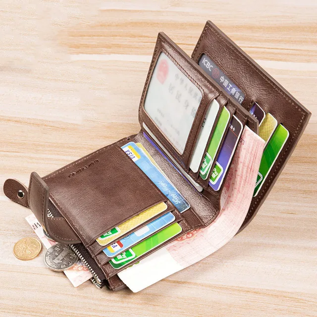 Man Coin Purse RFID Blocking Genuine Leather Wallet Vertical Snap Zipper Business Card ID Holder Bag Wallets for Men 5
