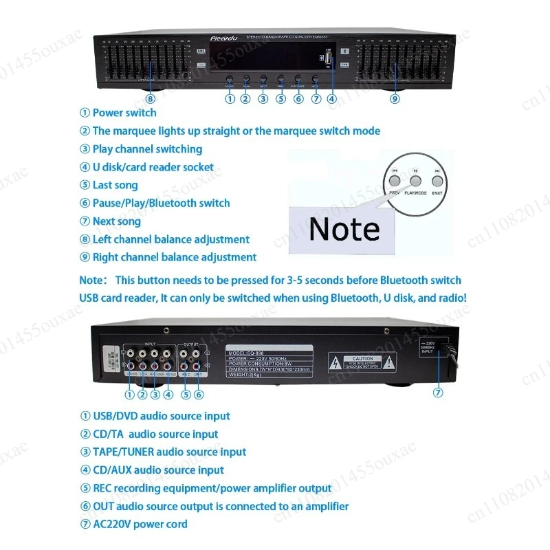 Фото EQ-898 220В Двухканальный 10-полосный HIFI-эквалайзер с Bluetooth и USB, цифровой стерео предусилитель №1