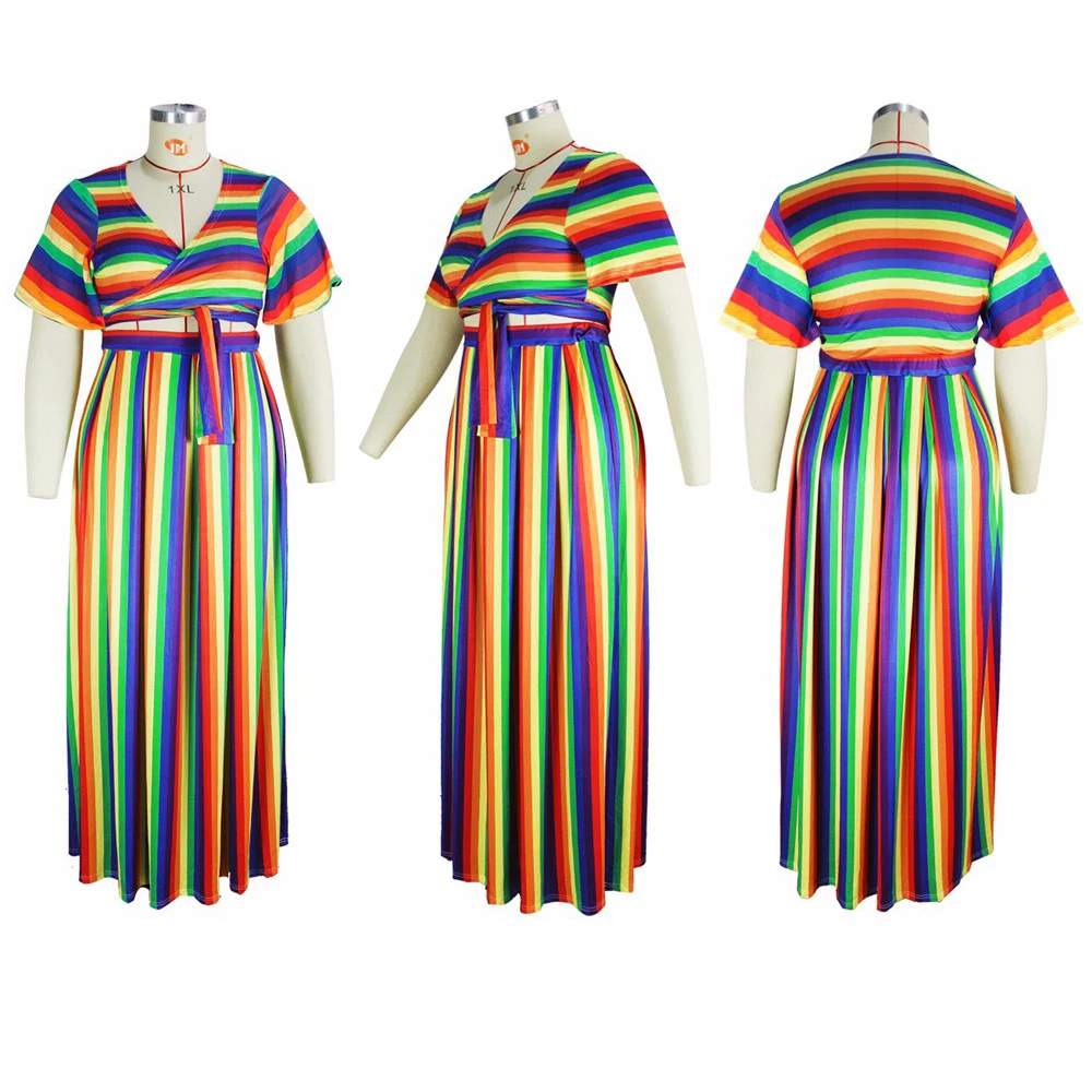 Plus Size 2 Pieces Skirts Sets Striped Printed Tops & Long Skirts High Waisted Floor Length Elegant Evening Party Large Sets New