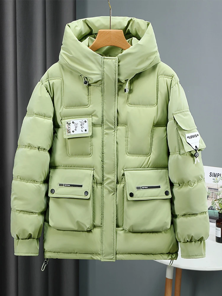 

High Quality 2022 Women Winter Jacket Hooded Warm Thicken Loose OVersize Female Coat Short Parka Solid Blue Green Yellow