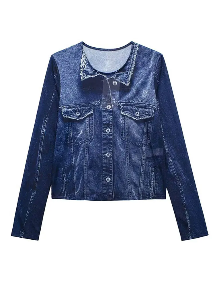 

Женский джинсовый пиджак с отложным воротником и длинным рукавом