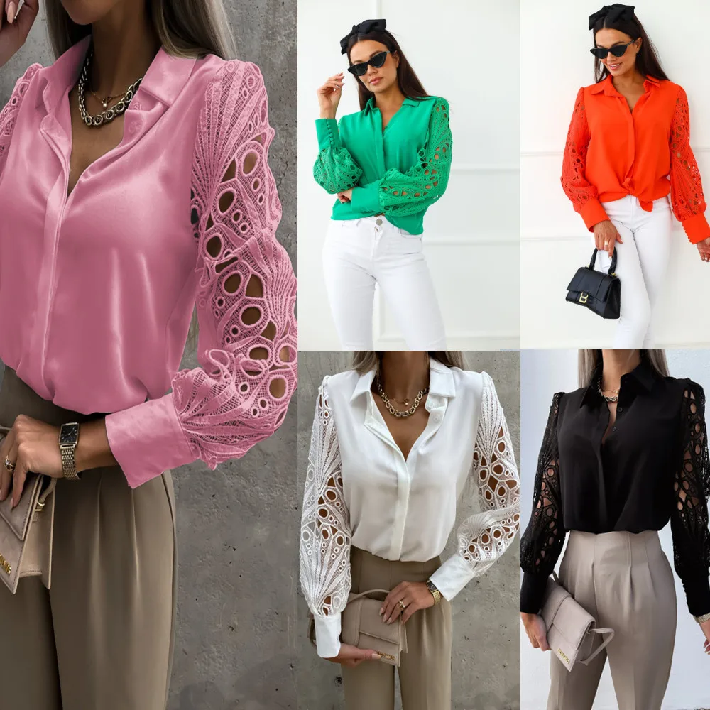

Summer New Women's Color Lace Hollow Stitching Shirt Shirt Women Button Up Shirt Solid Womens Shirts T-Shirts Shirts Women