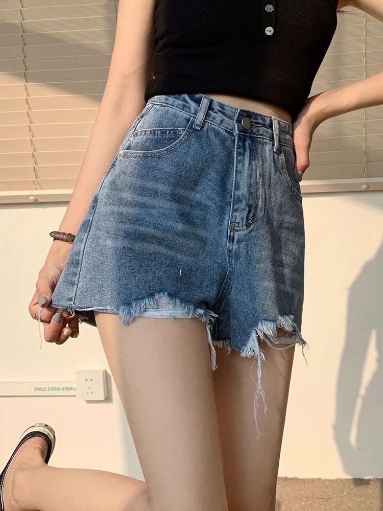 Streetwear Women High Waist Loose Hole Frayed Denim Shorts Spring Summer Female Wide Leg Jeans Shorts Bottoms