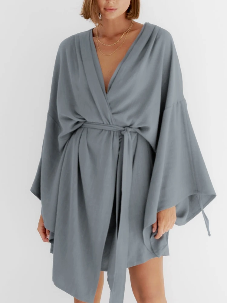 

Linad Loose Robes For Women Casual Flare Sleeve V Neck Sleepwear Sashes 2023 Autumn Bathrobe Female Solid Fashion Nightwear