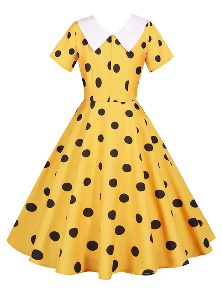 Женское летнее платье в желтый горошек с коротким рукавом и воротником Питер Пэн