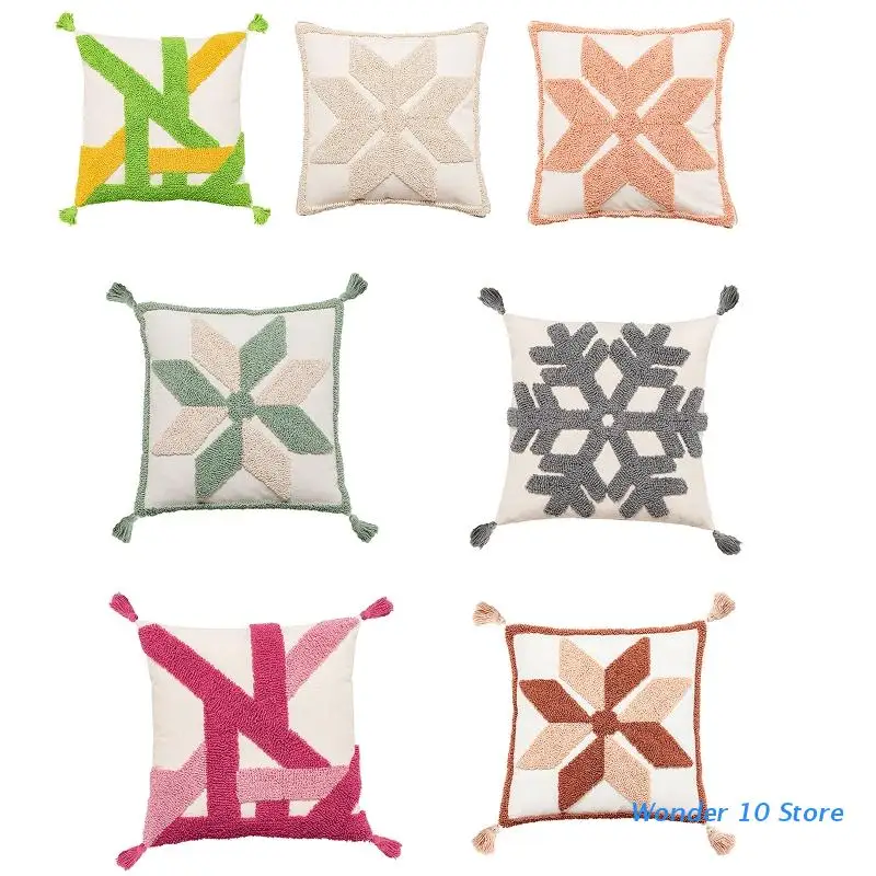 

Nordic Style Tufted Woven Embroidery Throw Pillow Case with Tassels Multicolor Geometric Striped Snowflake Decorative Cushion