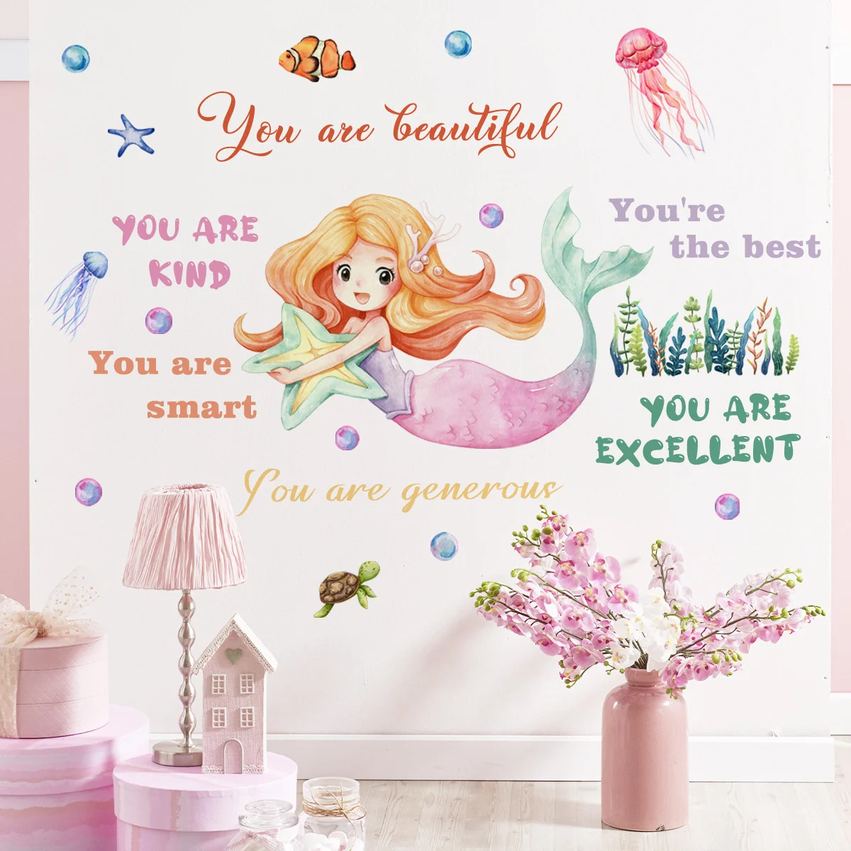 

Лидер продаж, обои «You Are Beautiful Girl» в стиле русалки, домашний декор, настенные наклейки, креативные настенные наклейки для детской комнаты