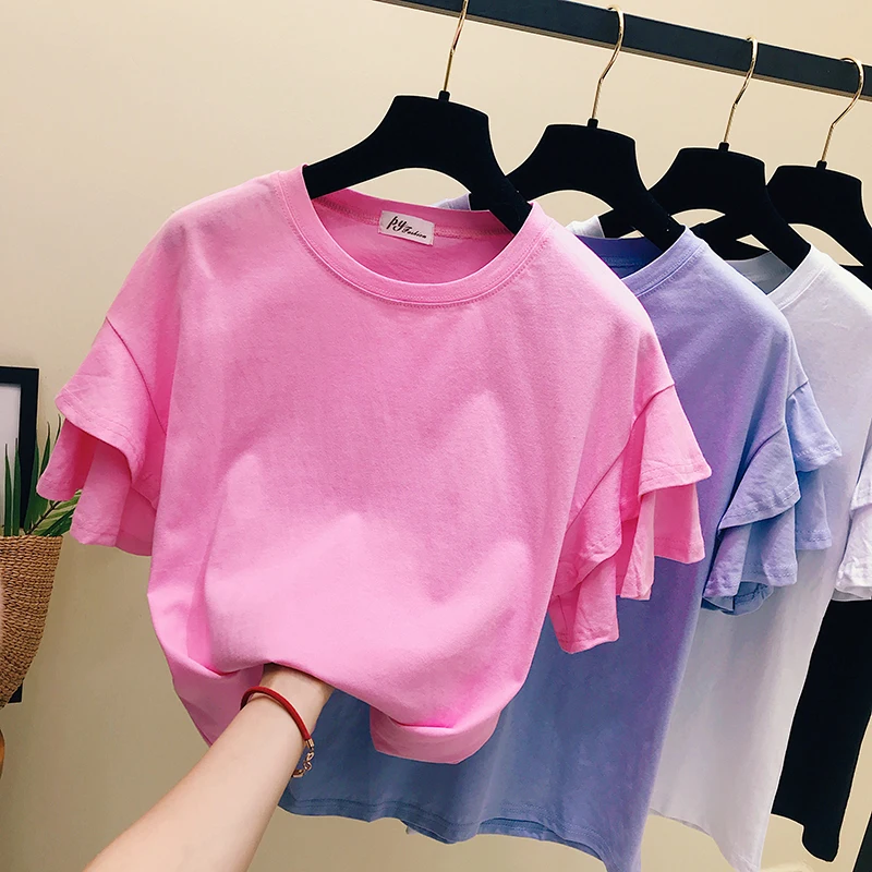 

2022 summer new Korean Cotton Pink Short Sleeve T-Shirt women's loose and versatile flare Sleeve T-Shirt Top ins fashion