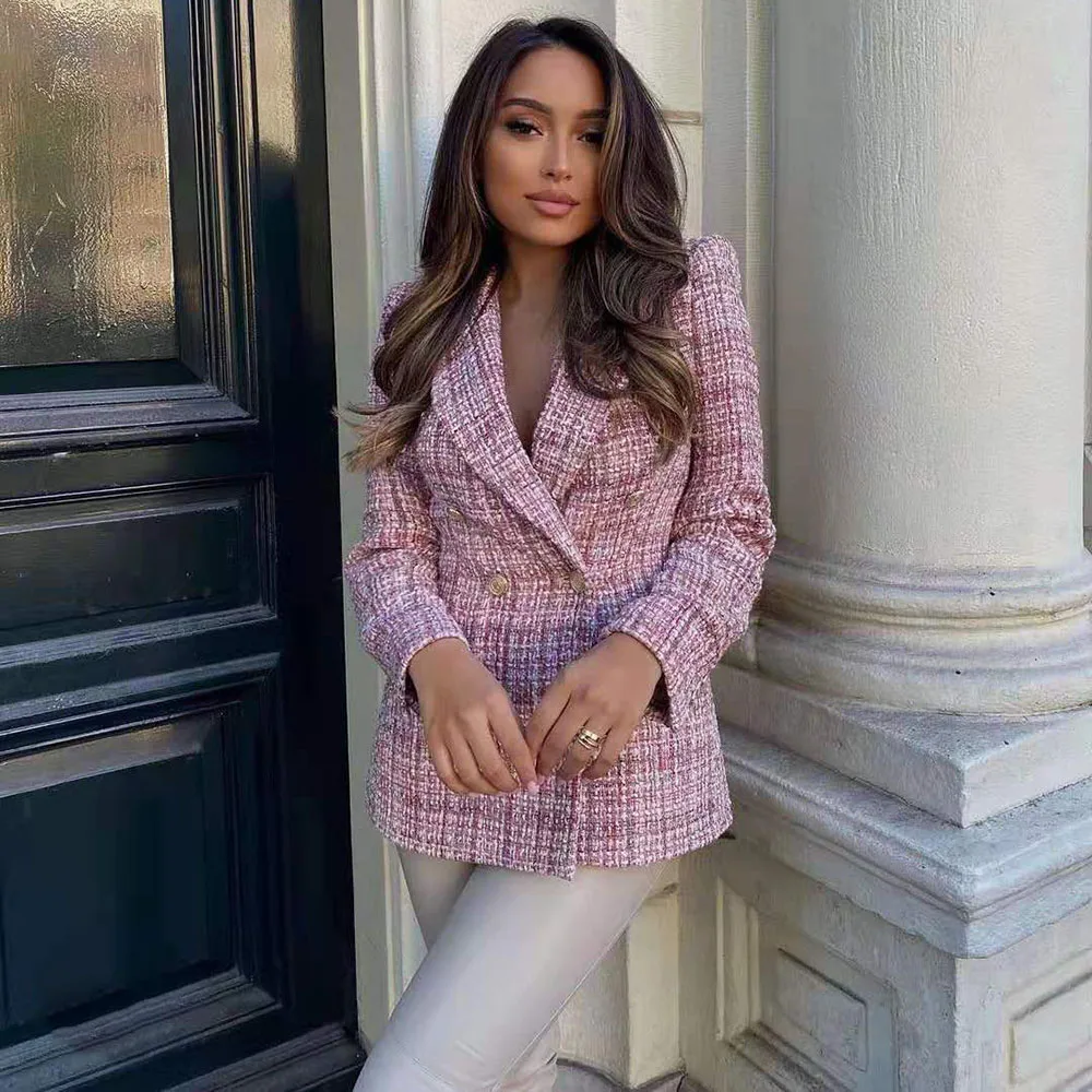 

Tweed Jacket Blazer Women Jackets 2021 Double Breasted Pink Blazer Autumn Checked Jacket Female Office Lady Blazers Coat