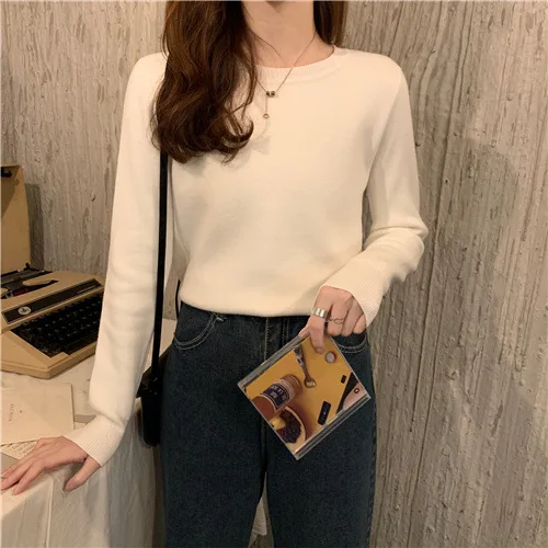 

Женская трикотажная нижняя рубашка с круглым вырезом, сезон осень-зима, теплый свитер с длинными рукавами, женская черная блузка