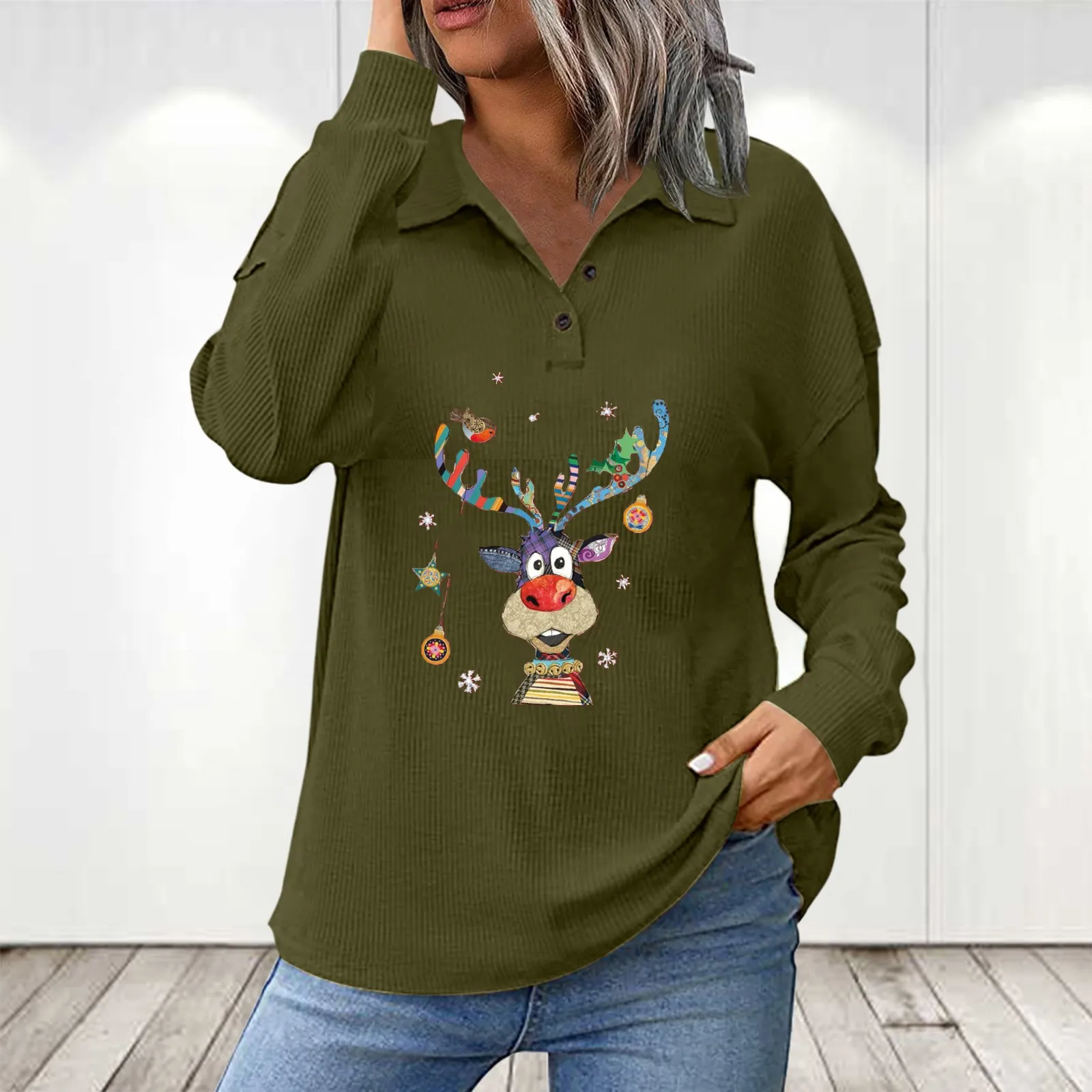 

Женская футболка с рождественским принтом, блузка с пуговицами и разрезами, топы с лацканами и длинным рукавом, Повседневная рубашка, Толст...