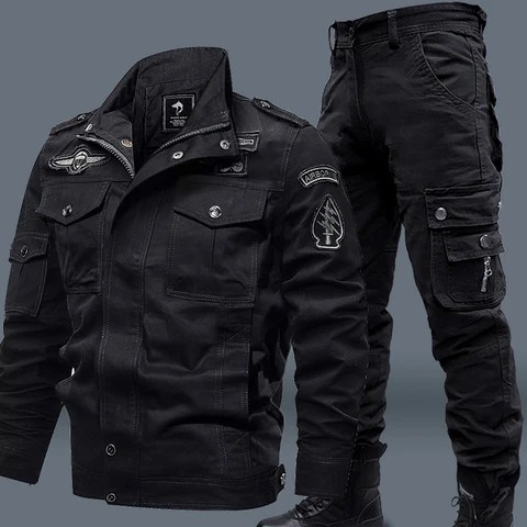 Комплект мужской из бомбера и брюк-карго, ветрозащитный пиджак в стиле милитари, брюки-карго, весна-осень, большой размер 6XL