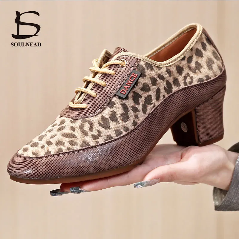 Leopard Latin Dance Shoes Women Ballroom Salsa Dancing Shoes Full Grain Leather Adult Tango Shoes Red Female Jazz Dance Sneakers