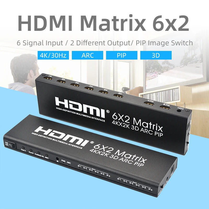 

4K @ 60 Гц HDMI-совместимая матрица 6x2 HDR ARC HDMI-совместимый сплиттер с картинкой в картинке PIP 3,5 мм и выходом SPDIF
