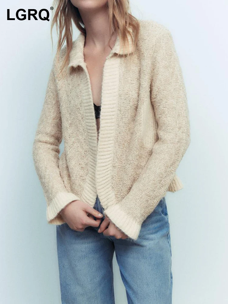 

LGRQ Fashion Women's Sweater New Solid Long Sleeve Hollow Out Knitted Agaric Edge Turn-down Collar Cardigan Autumn 2023 19J2480
