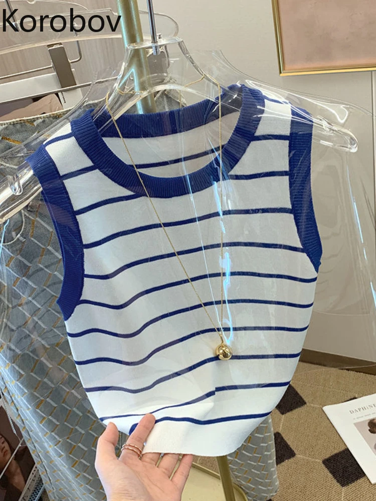 

Korobov Stripe Sleeveless Crew Neck Knitted Vest Women Sweet Age Reduction Crop Top Korean Fashion Temperament Chaleco Mujer