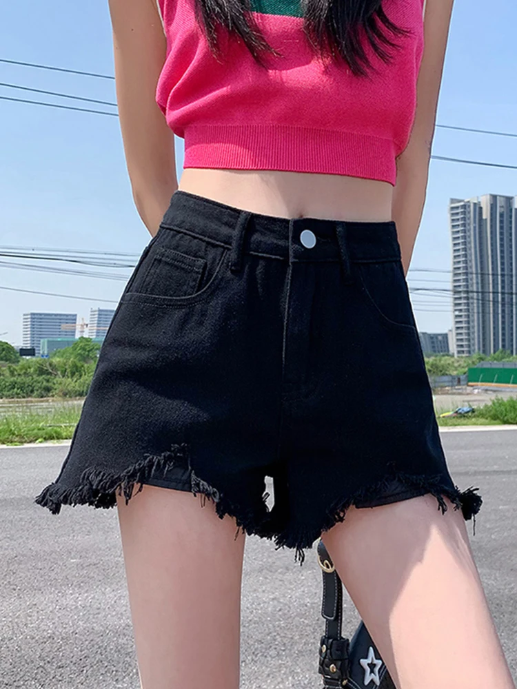 Streetwear Women High Waist Frayed Raw Hem Denim Shorts Spring Summer Female Retro Loose Hole Jeans Shorts Bottoms