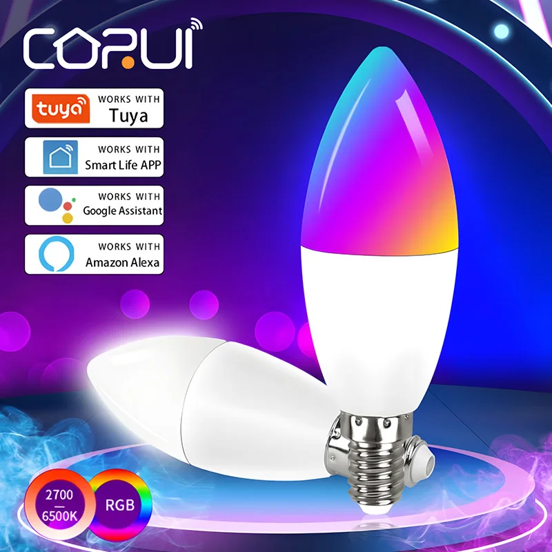 

CoRui Wifi Smart Light Bulb E14 Candle Lamp RGB+CW+WW 5/7/9W Tuya Smart Life APP Voice Control with Alexa Google Home Dimmable