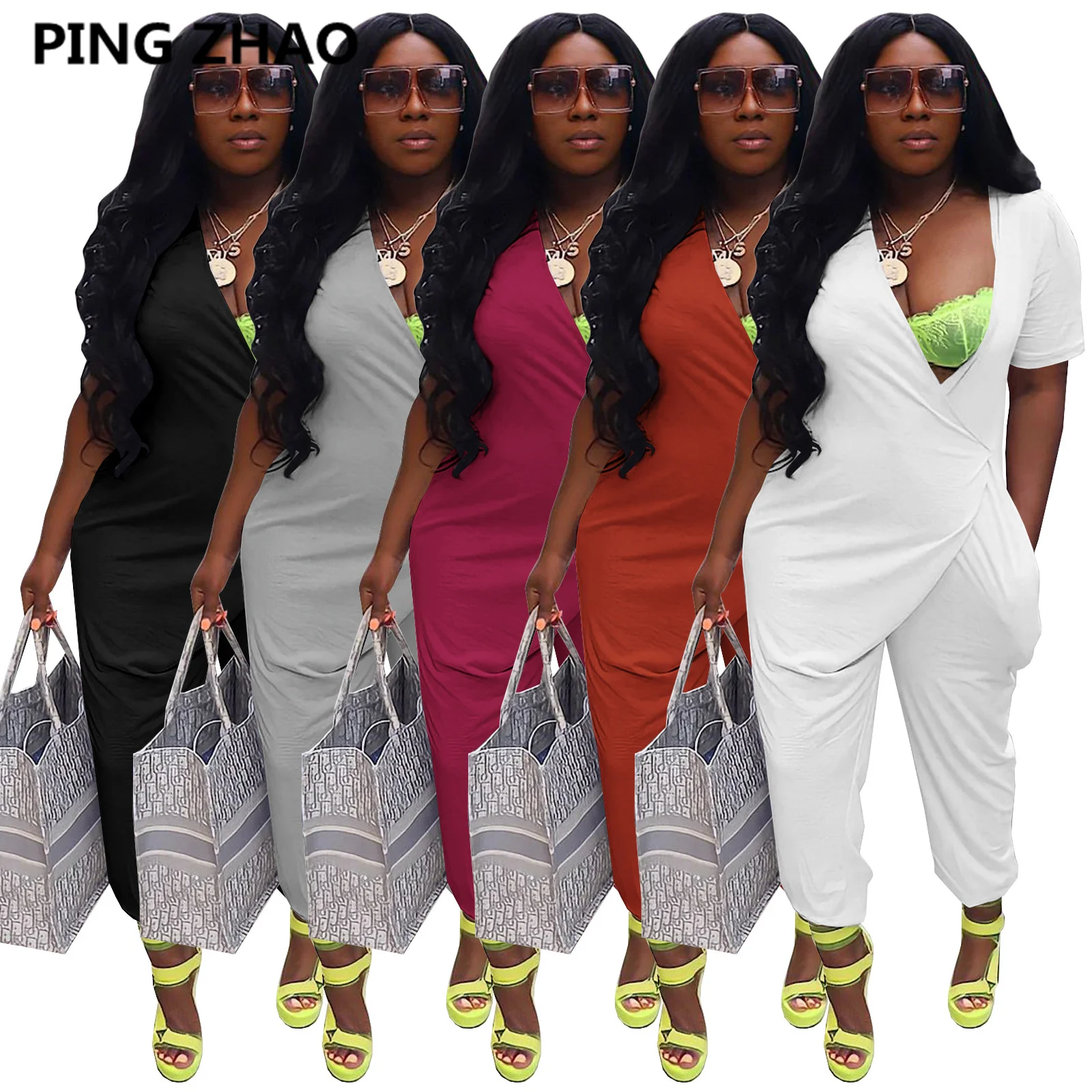 

PING ZHAO Women Short Sleeve Draped V-neck Jumpsuit 2022 Casual Solid with Poket Summer One Piece Overall Outfit Playsuit