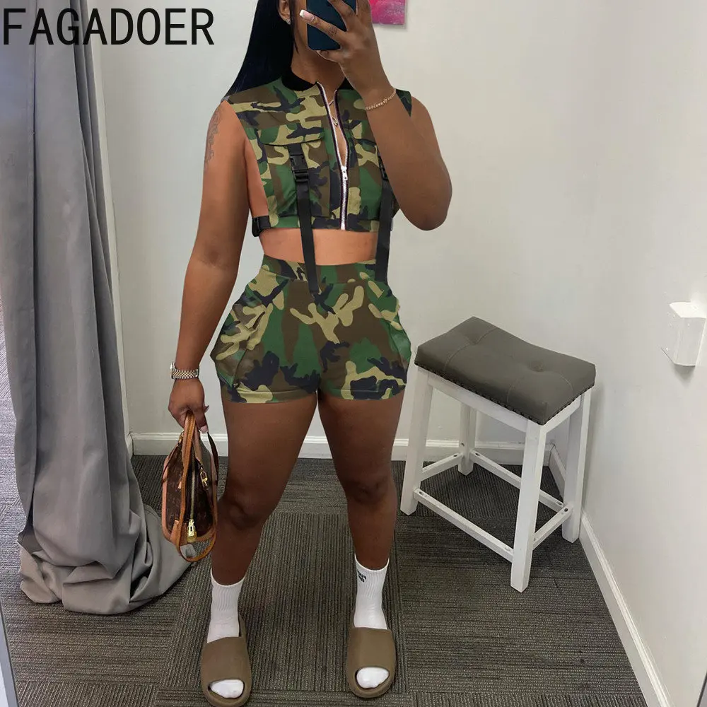 

FAGADOER Sexy Women Camouflage Set Two Pieces Sets Pockets Patchwork Zipper Crop Top Shorts Camo 2 Piece Outfits Night Club Wear