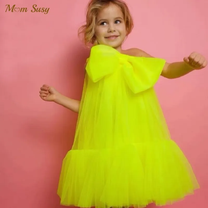 Fashion Baby Girl Princess Big Bow Tutu Dress Off Shoulder Toddler Teen Child Tulle Vestido Bow Party Pageant Birthday 2-12Y
