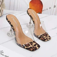 plus size shoe 42 43 leopard print sandals open toe womens high heels transparent perspex summer slippers shoes heel clear pumps