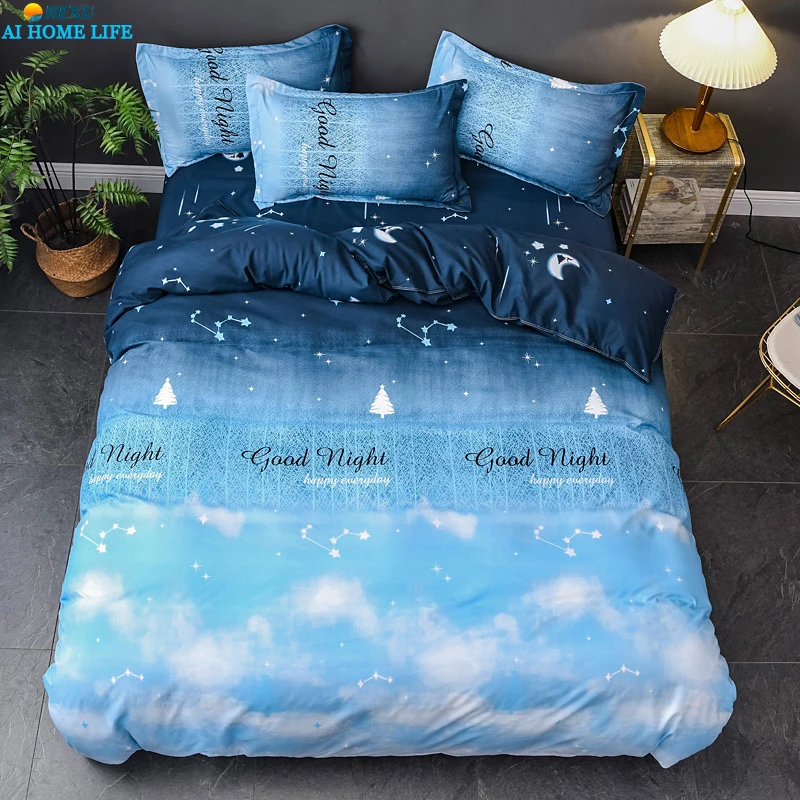 

4PCS Night Sky Stars Bed Linen Bed Sheet Set Duvet Cover Bedspread Kids Cartoon Bedding Quilt Covers Pillowcase постельное бельё