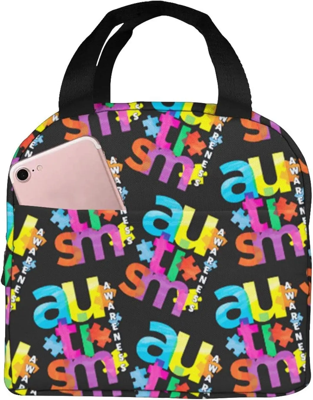 

Reusable Insulated Lunch Bag Colorful Autism Awareness Puzzle Heart Black Zipper Tote Box Lightweight and Leakproof Lunch Box