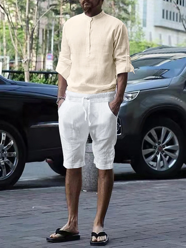 Костюм мужской из хлопка и льна повседневный короткий брючный костюм с