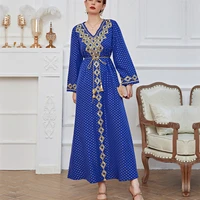 women fashion muslin dress dubai elegant casual long sleeve embroidery printing patchwork v neck ladies dress pullover spring
