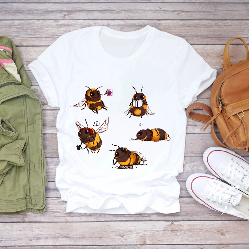 

WVIOCE Summer Bee Busy Day Coffee Cartoon Printing Kawaii 90s Womens Graphic Top Ladies Print Clothes Female T-Shirt 28841