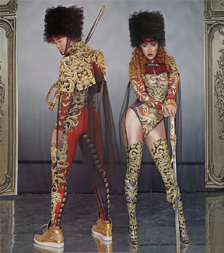 

Nightclub Male Gogo Dancer Costume Printing Stretch Jumpsuit Headwear Female Pole Dance Clothes Rave Festival Outfit VDB5861