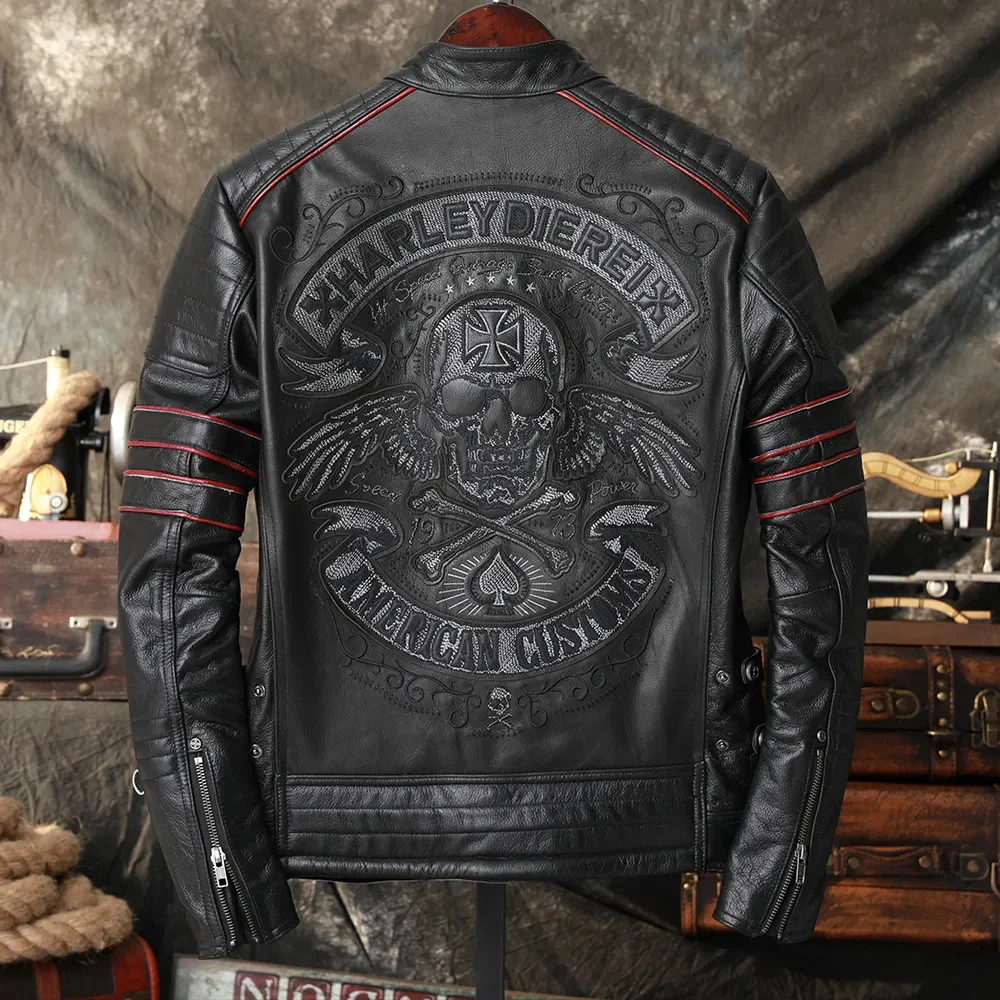 

Embroidery Skull Motorcycle genuine Jackets Natural Cowhide Moto Biker Leather Coat Men's Spring and Autumn Clothing
