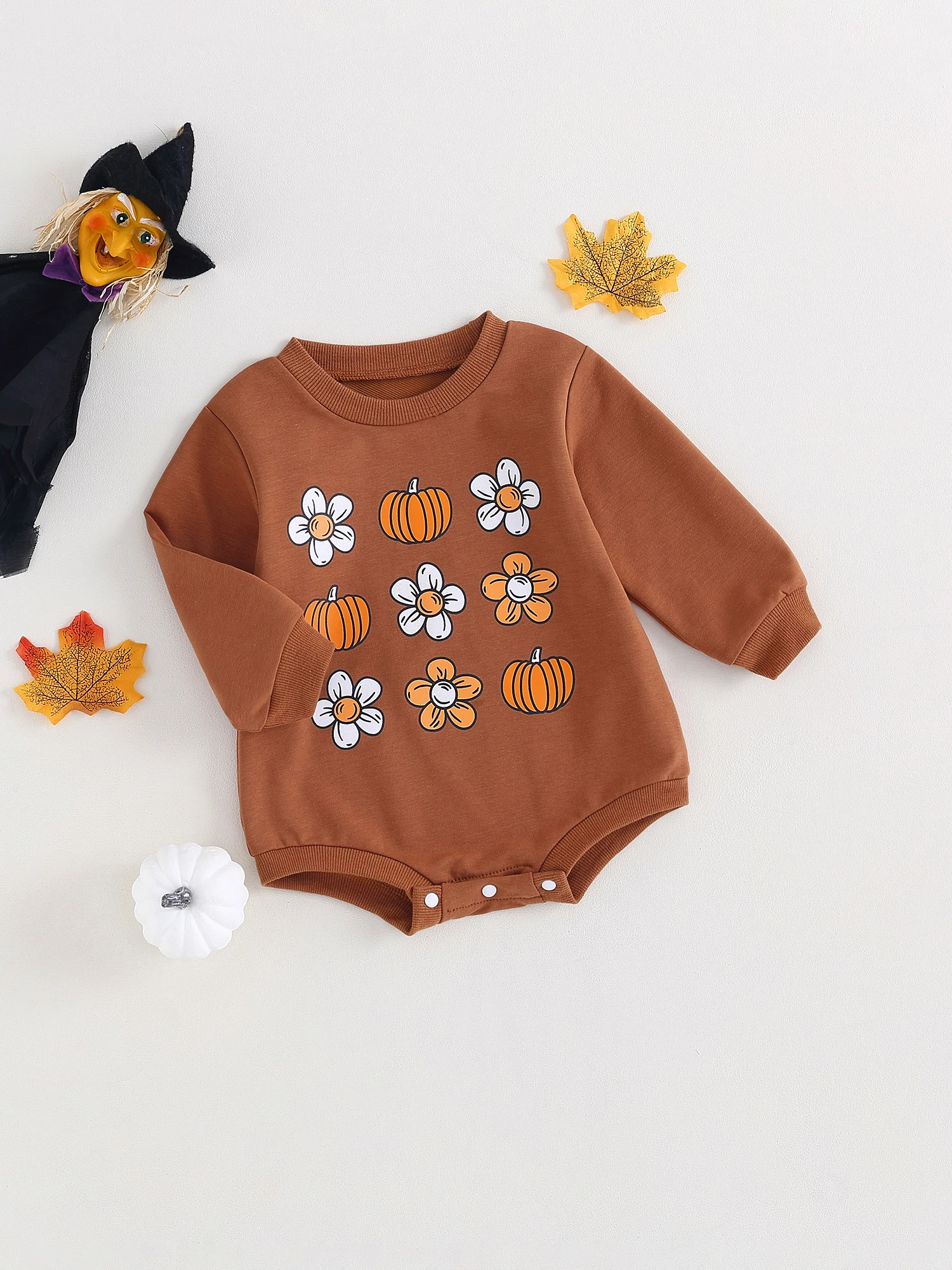 

Cute Infant Unisex Halloween Pumpkin Print Romper - Long Sleeve Cartoon Bodysuit with Round Neck - Adorable Sweatshirt Jumpsuit
